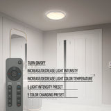 A modern room with a ceiling light, white door, and standing mirror. A remote control is shown with text describing its functions: adjusting light intensity, color temperature, and presets.