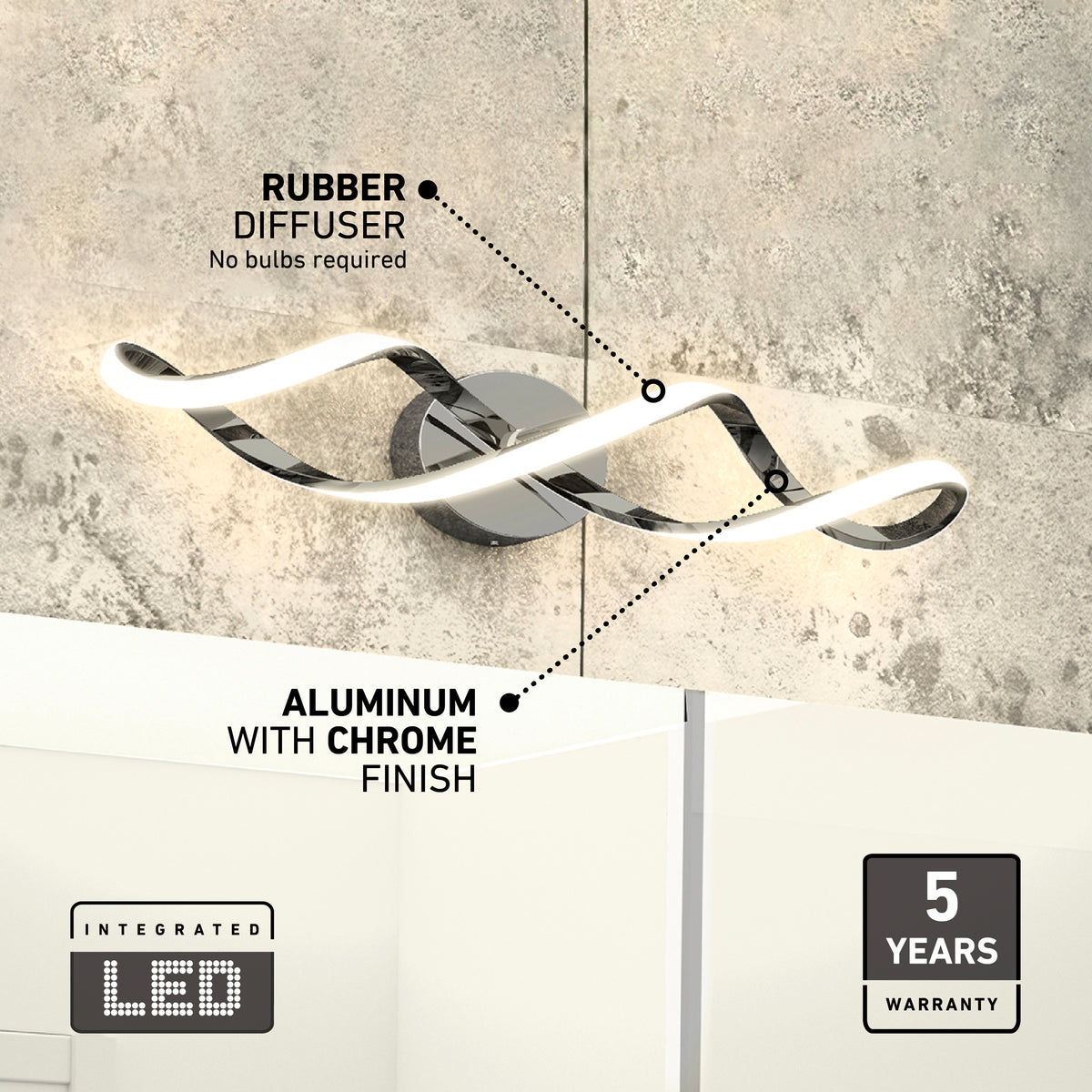 The Artika Swirl modern LED bathroom vanity light features a wavy aluminum and chrome design with a rubber diffuser, integrated LEDs (no bulbs needed), and includes a 5-year warranty—ideal for contemporary, stylish lighting solutions.