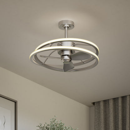 The Artika Coda 23 in. LED modern ceiling fan with remote hangs from the ceiling in a neutral room with curtains, a plant, and framed wall art.