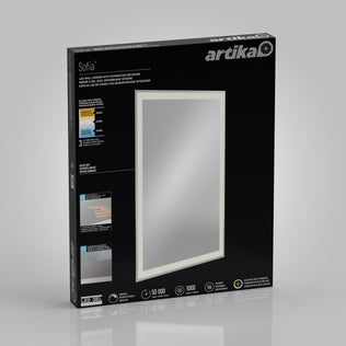 An Artika Sofia LED mirror 3 CCT with defogger in black packaging displays product info, specs, and images showing touch activation and LED lighting features on the box front.