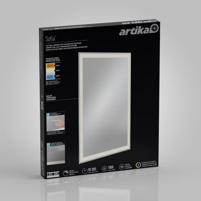 An Artika Sofia LED mirror 3 CCT with defogger in black packaging displays product info, specs, and images showing touch activation and LED lighting features on the box front.