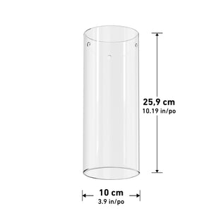 The Artika-CAN-dev Outer glass cylinder replacement part (259 mm tall, 100 mm wide) features measurement arrows and labels for height and diameter. This final sale item is ideal for display or scientific use.