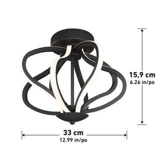 The Artika Meridian LED flush mount light features black curved arms and integrated LED strips, measuring 15.9 cm (6.26 in) in height and 33 cm (12.99 in) in diameter, shown on a white background with measurement labels.