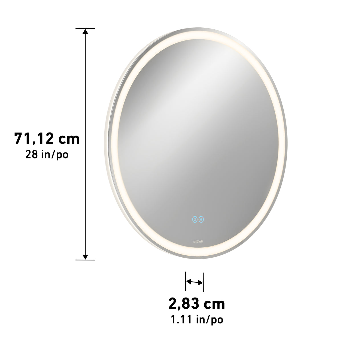 Round wall mirror with built-in LED lighting around the edge. The mirror measures 71.12 cm (28 inches) in diameter and 2.83 cm (1.11 inches) in thickness. Blue touch buttons are visible on the mirrors surface.