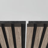 Close-up view of modern wooden slats with a vertical gap in the center, set against a white background; the slats have a natural wood grain finish and black accents.