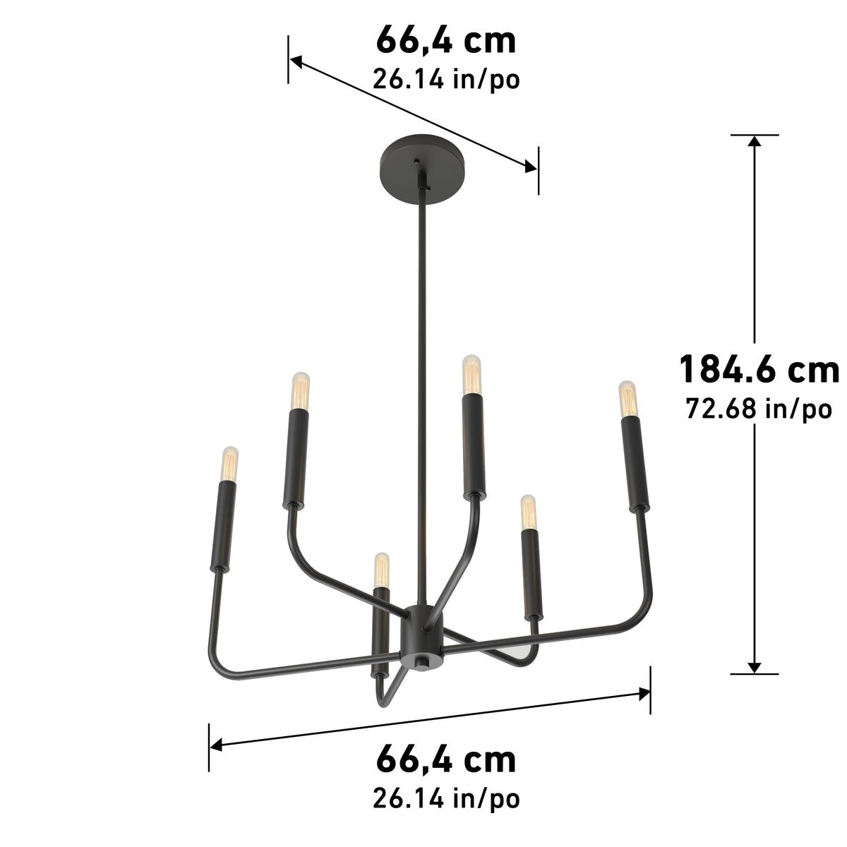 The Artika Manchester 6-light pendant is a black chandelier with exposed bulbs, straight arms, and a circular mount. It measures 66.4 cm (26.14 in) wide by 184.6 cm (72.68 in) tall. Measurements shown in cm and inches.