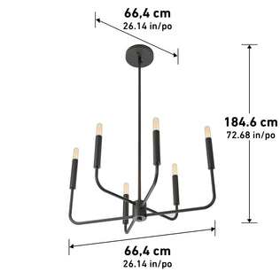 The Artika Manchester 6-light pendant is a black chandelier with exposed bulbs, straight arms, and a circular mount. It measures 66.4 cm (26.14 in) wide by 184.6 cm (72.68 in) tall. Measurements shown in cm and inches.