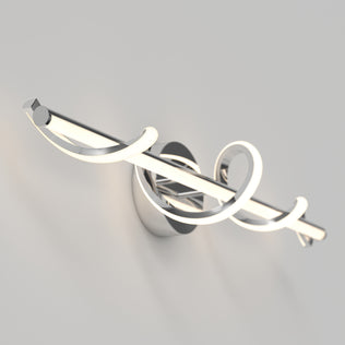 The Artika Coda modern LED bathroom vanity light 5 CCT features a sleek chrome base and a curved spiral design that emits a soft white glow, perfect for mounting on a light gray wall.