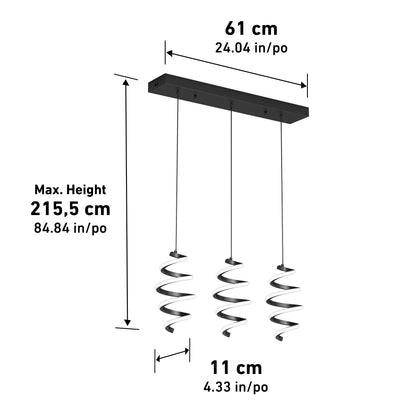 Diagram of a modern pendant light with three spiral LED fixtures hanging from a rectangular ceiling mount. Dimensions are 61 cm wide, 11 cm deep, and maximum height of 215.5 cm.
