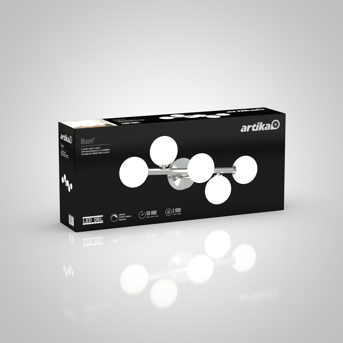 A black Artika box displays the Bloom 27-in 3-Light Modern LED Vanity Light for Bathroom, featuring product image, three round white bulbs, and highlighting lifespan and energy efficiency for modern bathroom lighting.