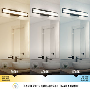The Artika Rialto modern LED bathroom vanity light 3 CCT, installed above a mirror, offers dimmable lighting with adjustable color temperatures—3000K, 4000K, and 5000K—providing varied lighting effects for your wall and sink.