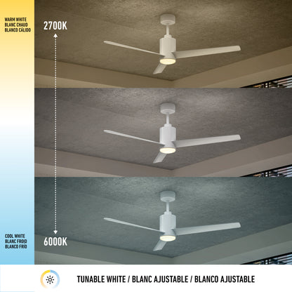 The Artika Ellison 52 in. LED modern ceiling fan with remote displays warm (top), neutral (middle), and cool white (bottom) color temperatures, adjustable from 2700K to 6000K for tunable white light.