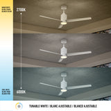 Three images of a white ceiling fan with a light, showing different color temperatures: warm white (2700K), neutral white, and cool white (6000K), with a gradient scale and labels on the left.
