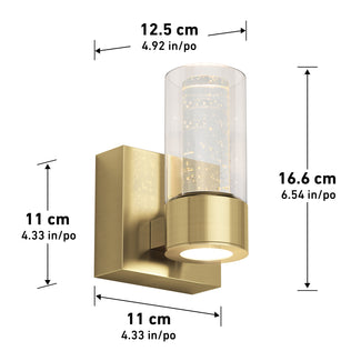 Artika Essence 1-light LED bathroom vanity light—gold finish, cylindrical glass shade; 16.6x12.5x11 cm, dimmable accent lighting.