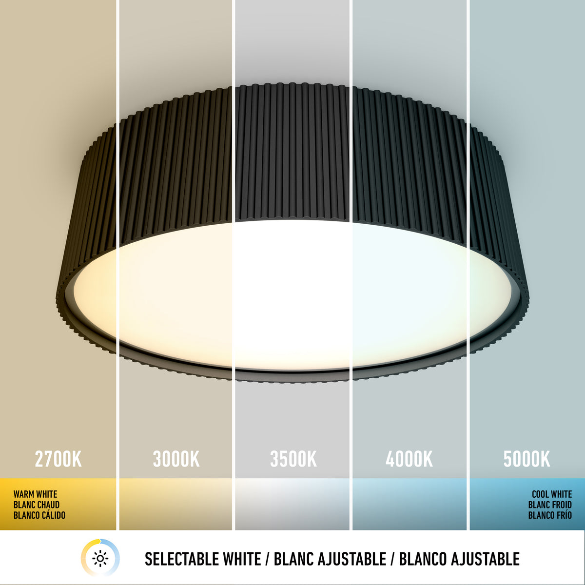 A round ceiling light displays five sections of different white color temperatures from warm (2700K) to cool (5000K), labeled with corresponding Kelvin values and color descriptions in English, French, and Spanish.