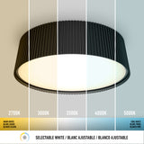 A round ceiling light displays five sections of different white color temperatures from warm (2700K) to cool (5000K), labeled with corresponding Kelvin values and color descriptions in English, French, and Spanish.