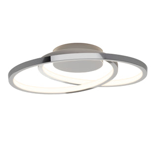 The Artika Salto LED flush mount light features two intersecting circular LED rings with a sleek metallic finish, attached to a round base.