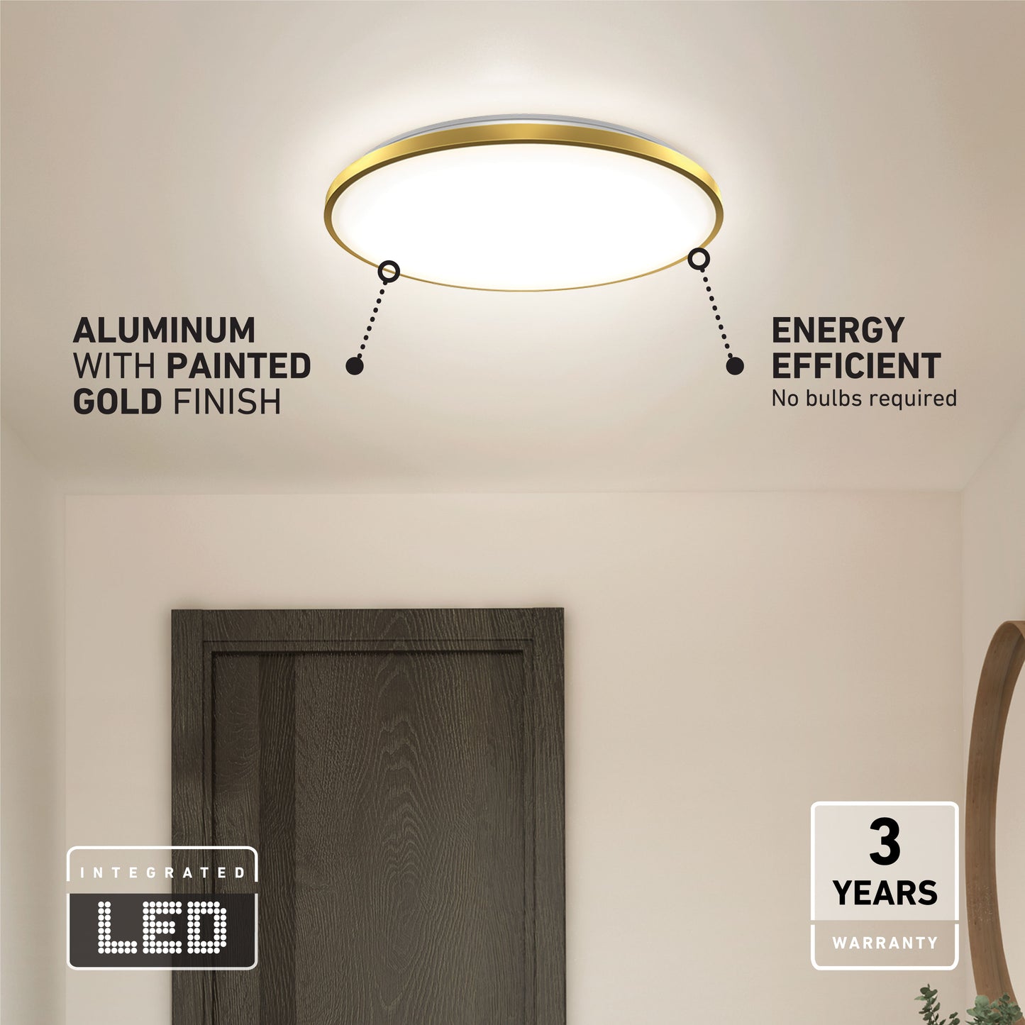 The Artika Europa 21 in. LED modern flush mount, with remote, is ceiling-mounted above a dark wooden door. Its gold-painted aluminum finish, energy efficiency, integrated LED, and 3-year warranty are highlighted in the text.