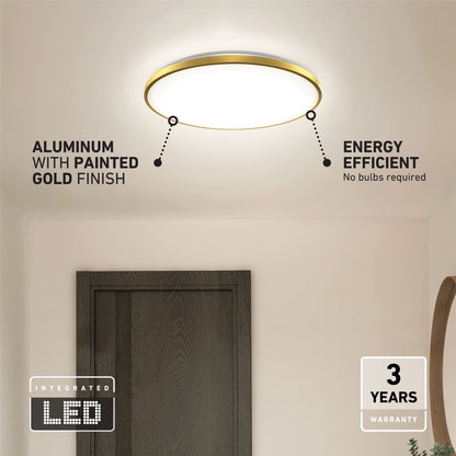 The Artika Europa 21 in. LED modern flush mount, with remote, is ceiling-mounted above a dark wooden door. Its gold-painted aluminum finish, energy efficiency, integrated LED, and 3-year warranty are highlighted in the text.