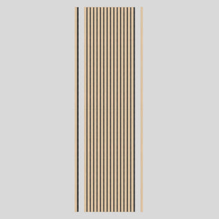 The Artika Sonofold sound-absorbing wall panel kit (pack of 2) features rectangular panels with evenly spaced vertical black stripes and plain light wood borders on each side, set against a light gray background.