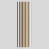 A rectangular wooden panel with evenly spaced vertical black stripes and two plain light wood strips along its left and right edges, set against a light gray background.