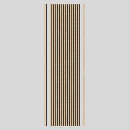 A rectangular wooden panel with evenly spaced vertical black stripes and two plain light wood strips along its left and right edges, set against a light gray background.