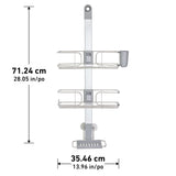 Metal shower caddy with two shelves, a soap holder, and a cup. Dimensions are 71.24 cm (28.05 in) tall and 35.46 cm (13.96 in) wide, shown with measurement lines.