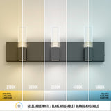 A wall light with three bulbs displays five different color temperatures, from warm white (2700K) on the left to cool white (5000K) on the right. Text below labels each temperature and describes the light as selectable white.