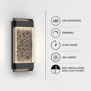 Artika Essence Glow Box indoor-outdoor LED wall light, dimmable, 380 lumens, 50K hrs, easy install—features shown with icons.