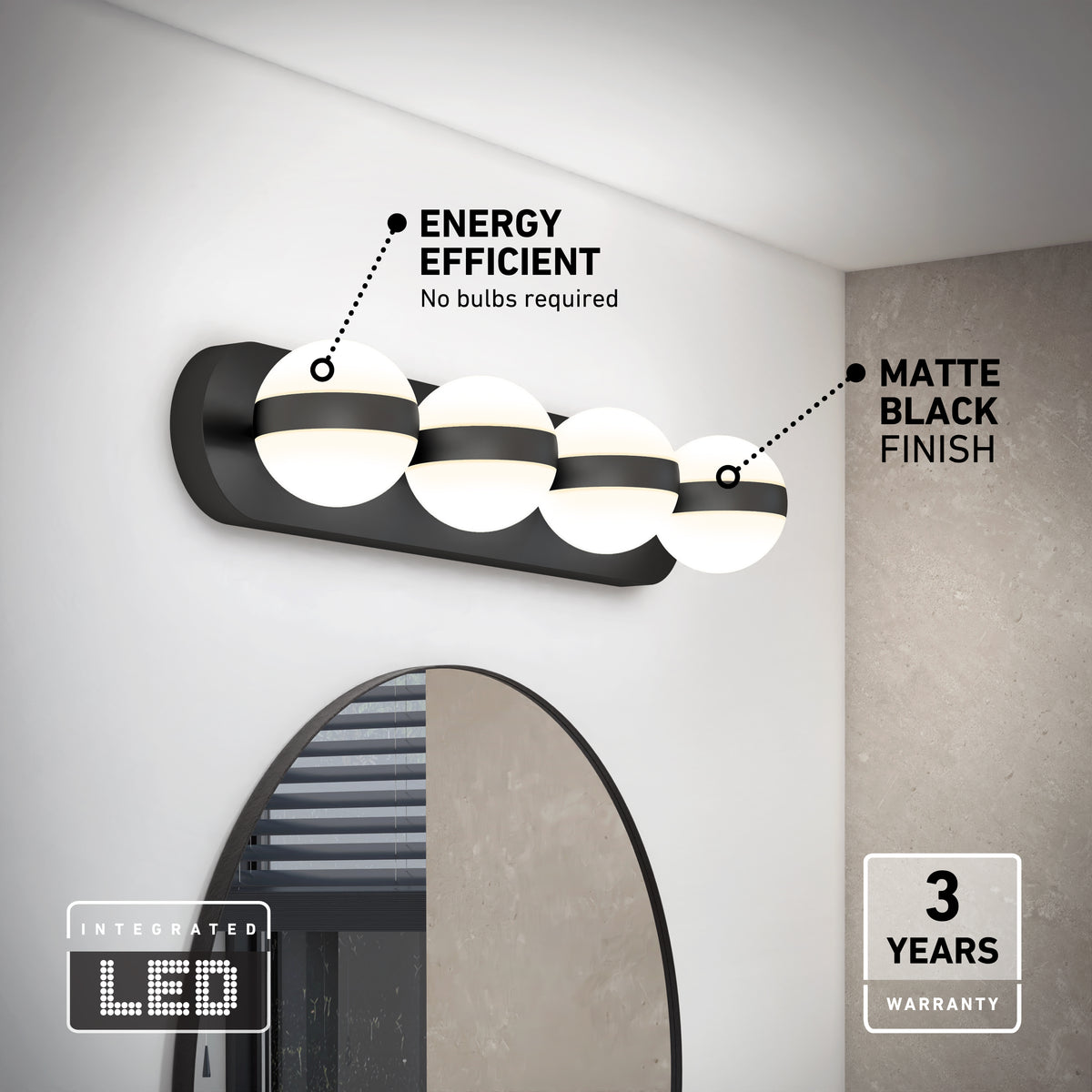 The Artika Baldric LED modern bathroom vanity light offers 3 CCT, four globes, and energy-efficient lighting above your mirror.