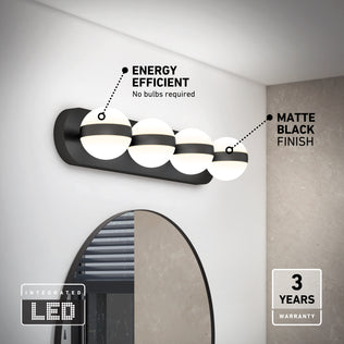 The Artika Baldric LED modern bathroom vanity light offers 3 CCT, four globes, and energy-efficient lighting above your mirror.