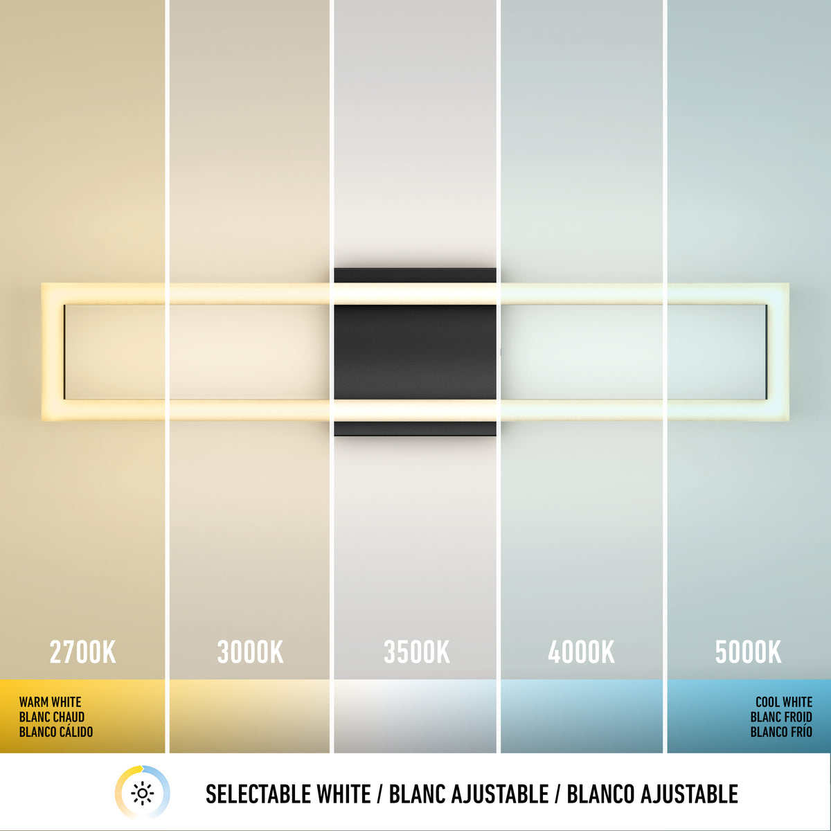 A wall-mounted light fixture displays five color temperatures from left to right: 2700K (warm white), 3000K, 3500K, 4000K, and 5000K (cool white), with labeled sections and corresponding lighting tones.
