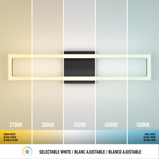 The Artika Dover 27-in Integrated LED 5-CCT Vanity Light Bar for Bathroom features a sleek chrome finish and five selectable color temperatures (2700K–5000K), with clear labels and a selectable white function shown below the image.