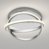 A modern ceiling light fixture with a circular chrome base and two intersecting oval LED light rings, one illuminated in white, creating a sleek and contemporary look against a neutral background.