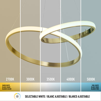 The Artika Mora 28″ LED Pendant offers 5CCT white lighting: 2700K, 3000K, 3500K, 4000K, and 5000K in a modern dimmable ring design.