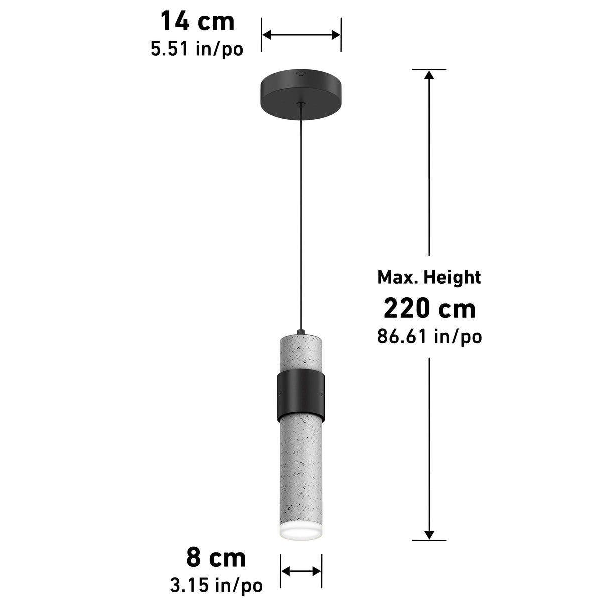 Pendant light with a cylindrical shade, black ceiling mount, and a maximum hanging height of 220 cm (86.61 in). Shade is 14 cm (5.51 in) tall and 8 cm (3.15 in) wide. Measurements shown with arrows.