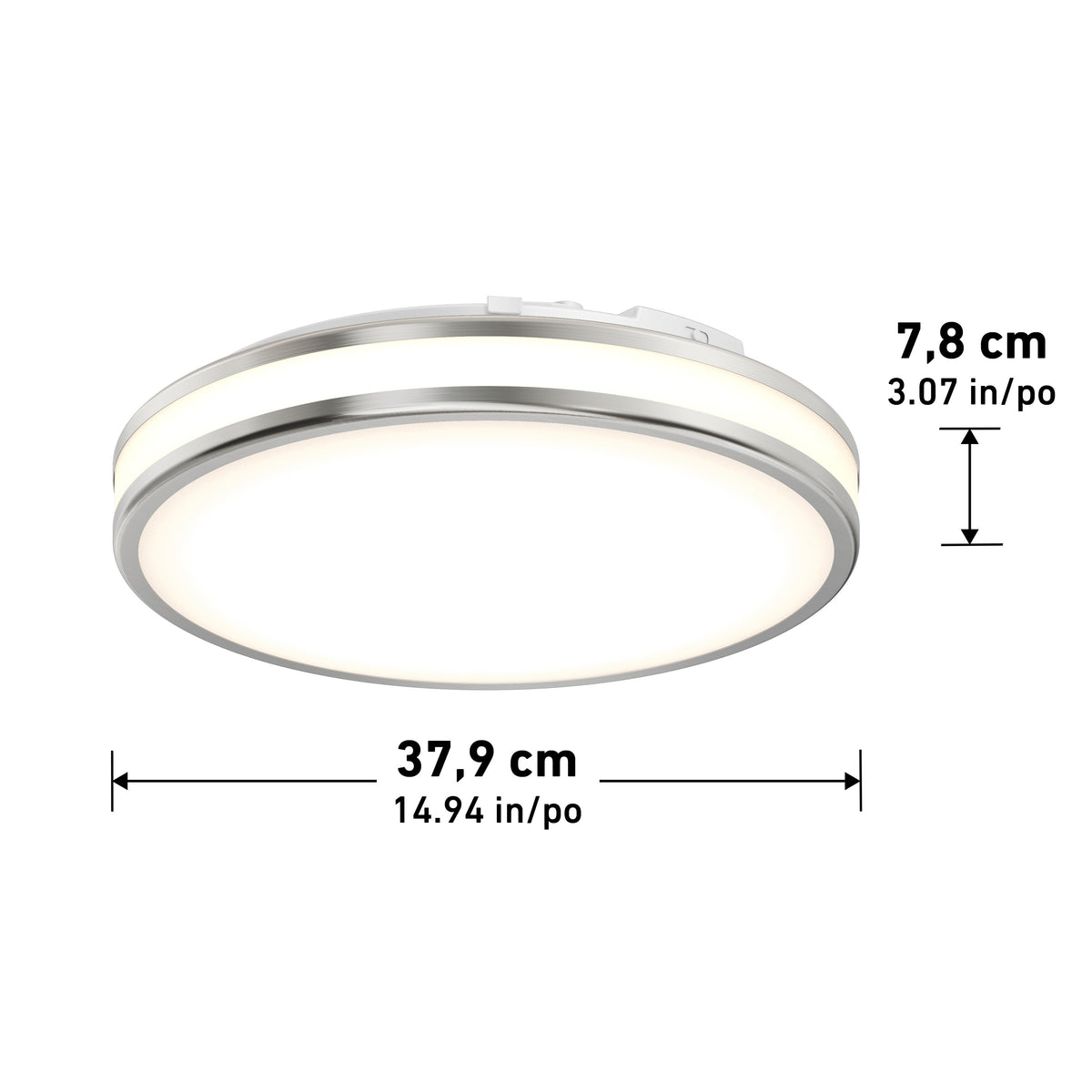 The Artika Hemisphere 15 in. LED flush mount light features a silver rim, adjustable brightness, and measures 37.9 cm diameter by 7.8 cm high—ideal for bathroom lighting with selectable color temperatures.