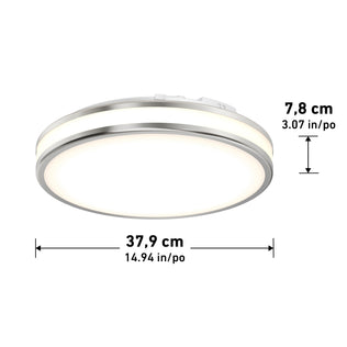 Artika Hemisphere 15 in. LED ceiling light, 38 cm wide, adjustable brightness, silver trim, dual measurements.