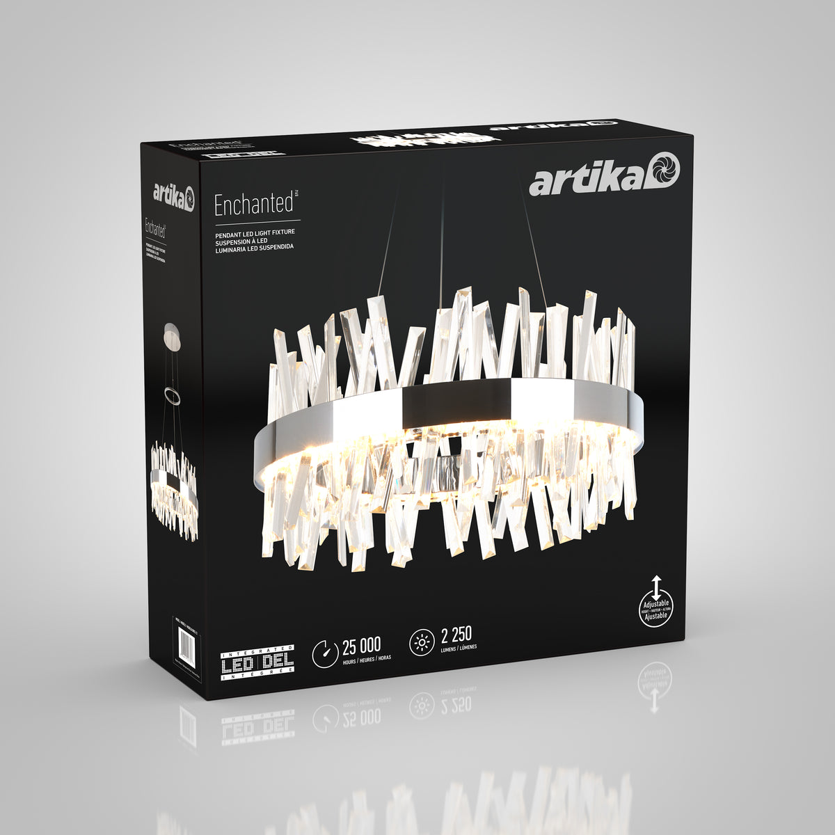 A black box features the Artika Enchanted LED chandelier, showing a modern circular design with crystal-like accents, product details, and lighting specifications on the packaging.