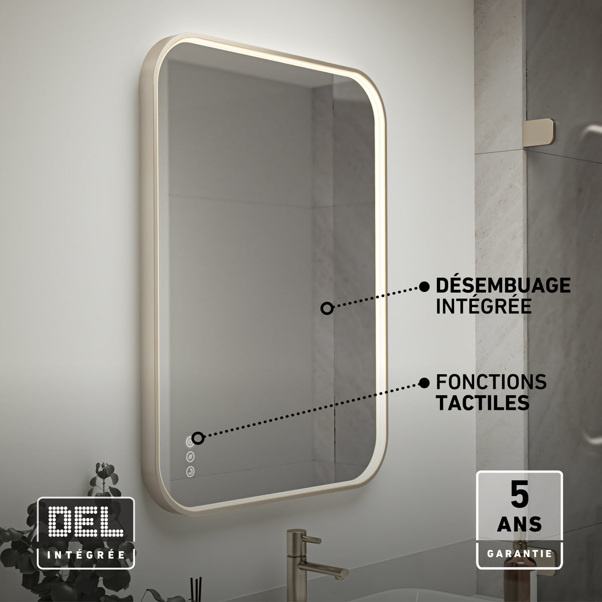 The Artika Royce Dimmable LED Mirror offers 3 CCT, horizontal/vertical mount, adjustable brightness, integrated defogger (“Désembuage intégrée”), and touch functions. Icons denote LED lighting and a 5-year warranty.