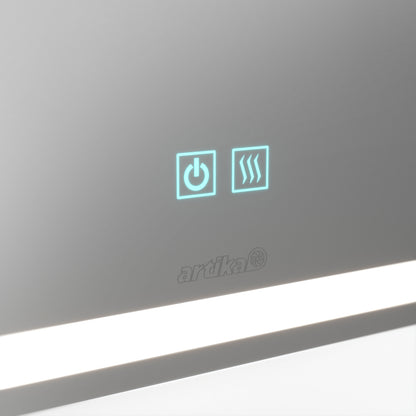Close-up of Artika Aurea 24x31 in. Anti-Fog LED Bathroom Mirror, showing power and steam icons, with logo below.