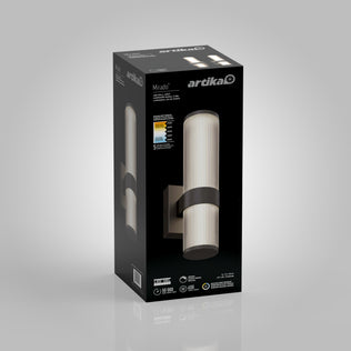 A black retail box for the Artika Mirado modern LED wall sconce 5 CCT displays the fixture image, energy ratings, features, and specs on a gray background.