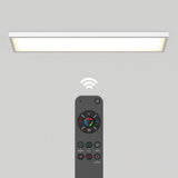 A rectangular ceiling light is illuminated above a black remote control with various buttons, including color and brightness options. A wireless signal icon is shown between the remote and the light.