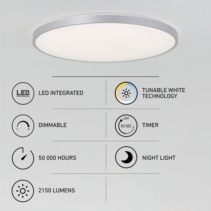 Artika Europa 21 in. LED modern flush mount ceiling light features integrated dimmable LEDs, 50,000-hour lifespan, 2150 lumens, tunable white with remote, timer (30 sec off), and night light mode.