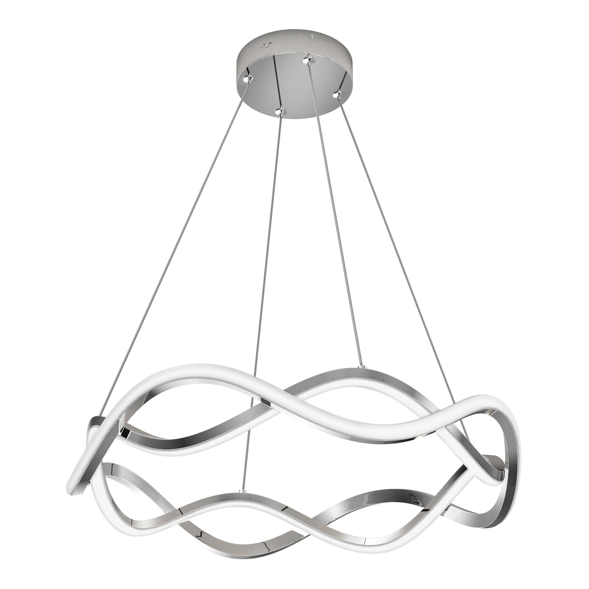 The Artika Vanora LED pendant light 5 CCT features a circular, wavy LED design suspended by four cables from a round metallic mount, offering a sleek, contemporary look perfect for modern spaces.