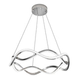 Modern ceiling chandelier with a circular, wave-like LED light design, suspended by four thin cables from a round metallic base. The fixture features smooth curves and a sleek silver finish.