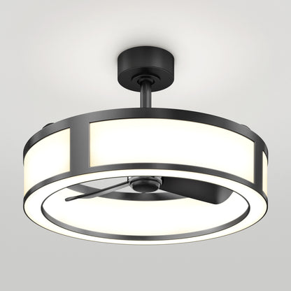 The Artika Huxley 23 in. LED modern ceiling fan features three speeds, a circular LED light fixture, black metal accents, and fan blades enclosed within the illuminated ring, all mounted on a white ceiling.