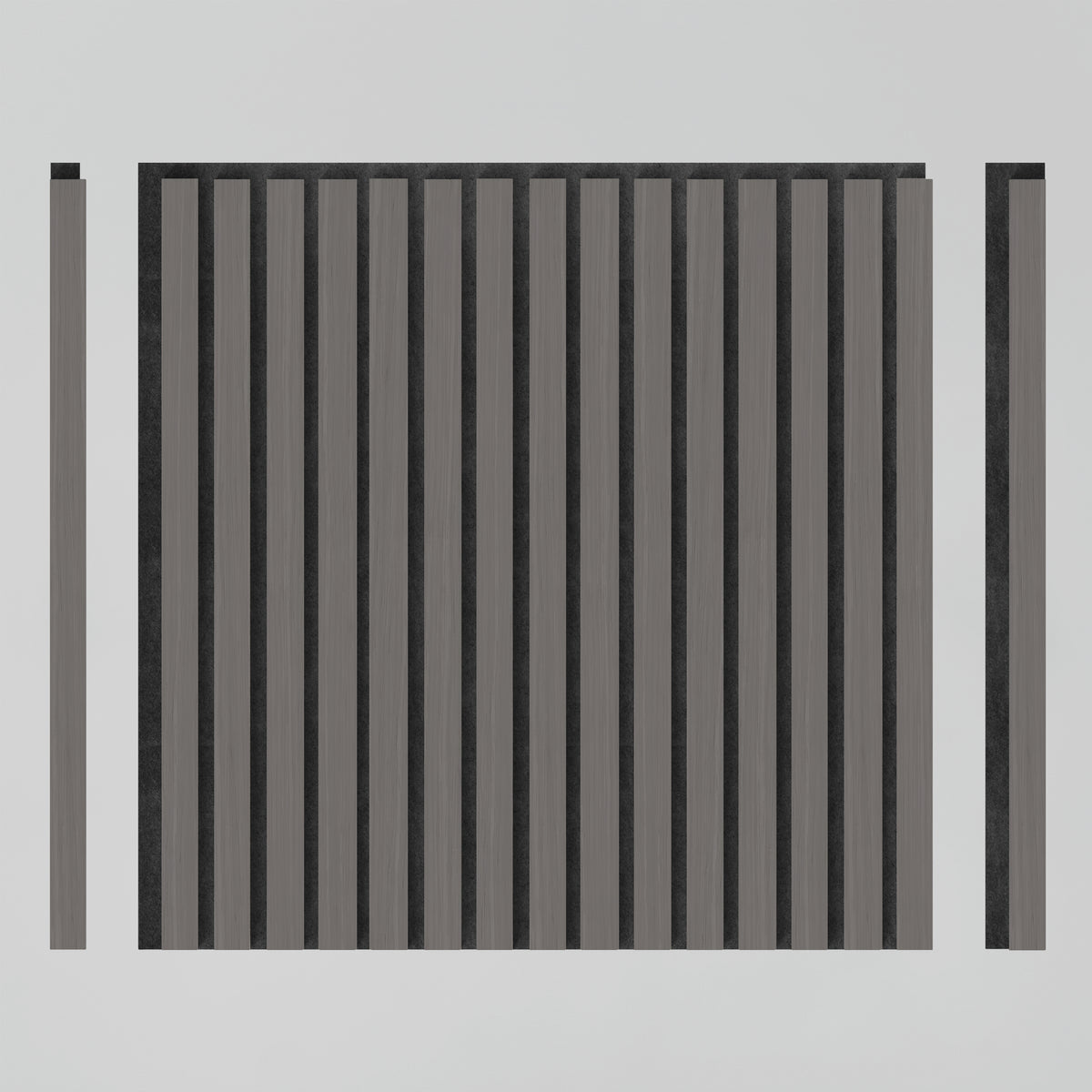 A black and gray rectangular grid with vertical bars, centered, and two matching narrow vertical bars placed separately on the left and right sides, all on a plain light gray background.