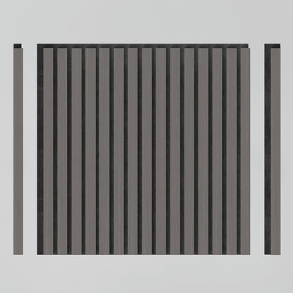 A minimalist image shows Artikas Sonolok 15.5 ft sound-absorbing wall panel kit (4-pack) as a square grid of vertical black and gray bars, with two slim matching bars along each edge, set against a plain white background.
