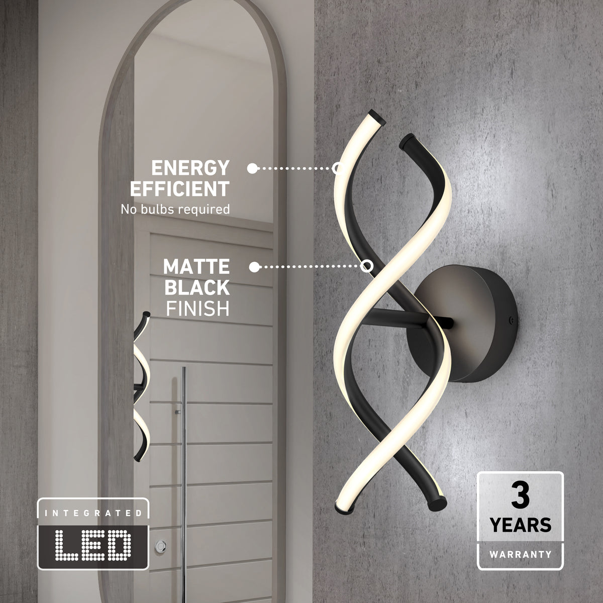 A modern wall light with two intertwined LED tubes in a matte black finish is mounted on a gray wall next to a mirror. Text highlights its energy efficiency, integrated LED, and 3-year warranty.